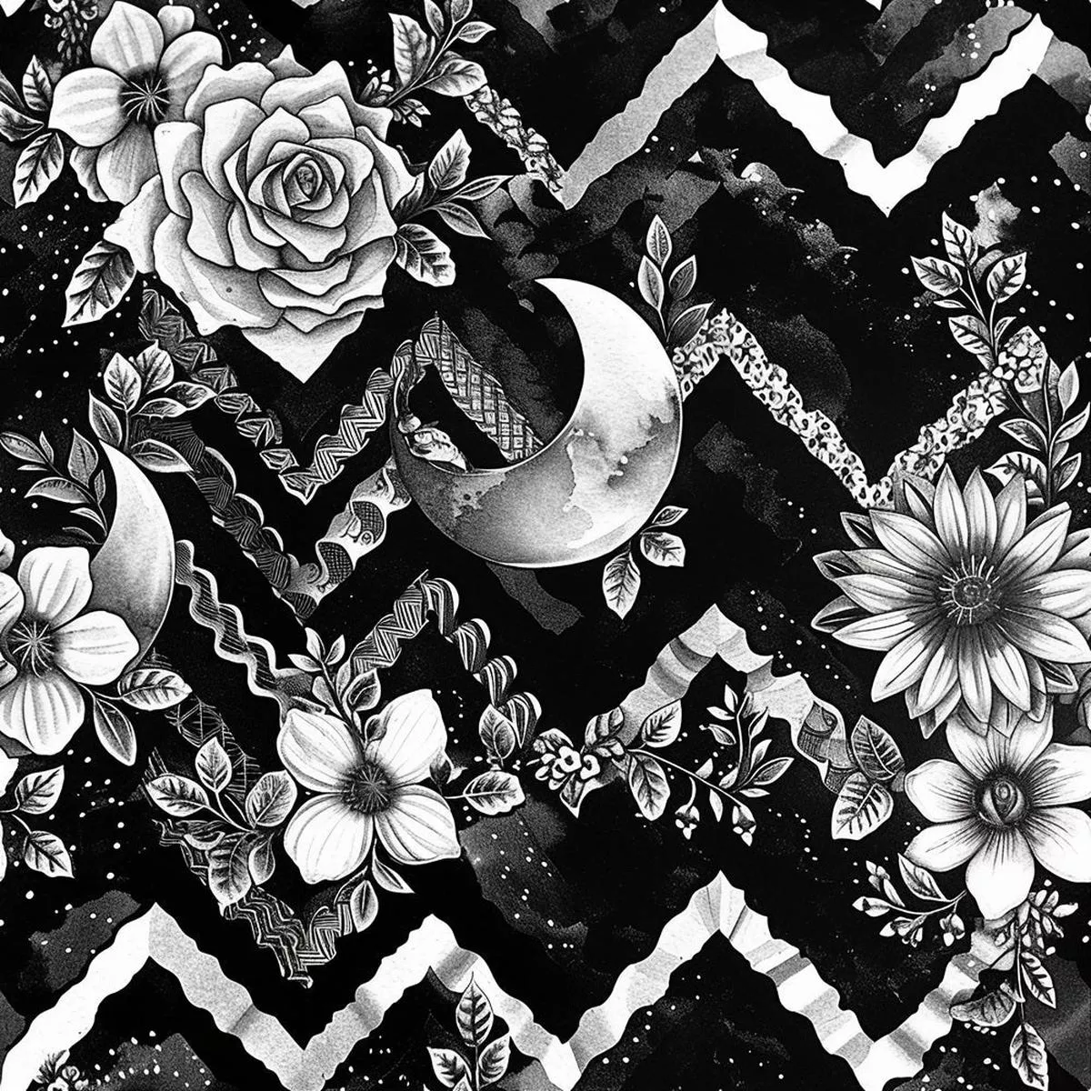 Intricate Floral Moon Zigzag Fabric