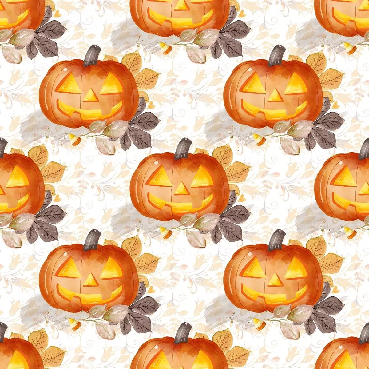 jack-o-lanterns-on-florals-fabric-white Jack-O-Lanterns on Florals Fabric – White
