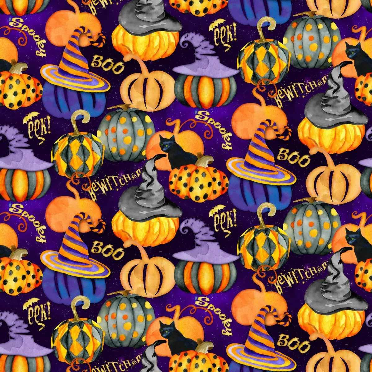 Kate Ward Thacker – Bewitched Pumpkins – Purple Halloween Fabric