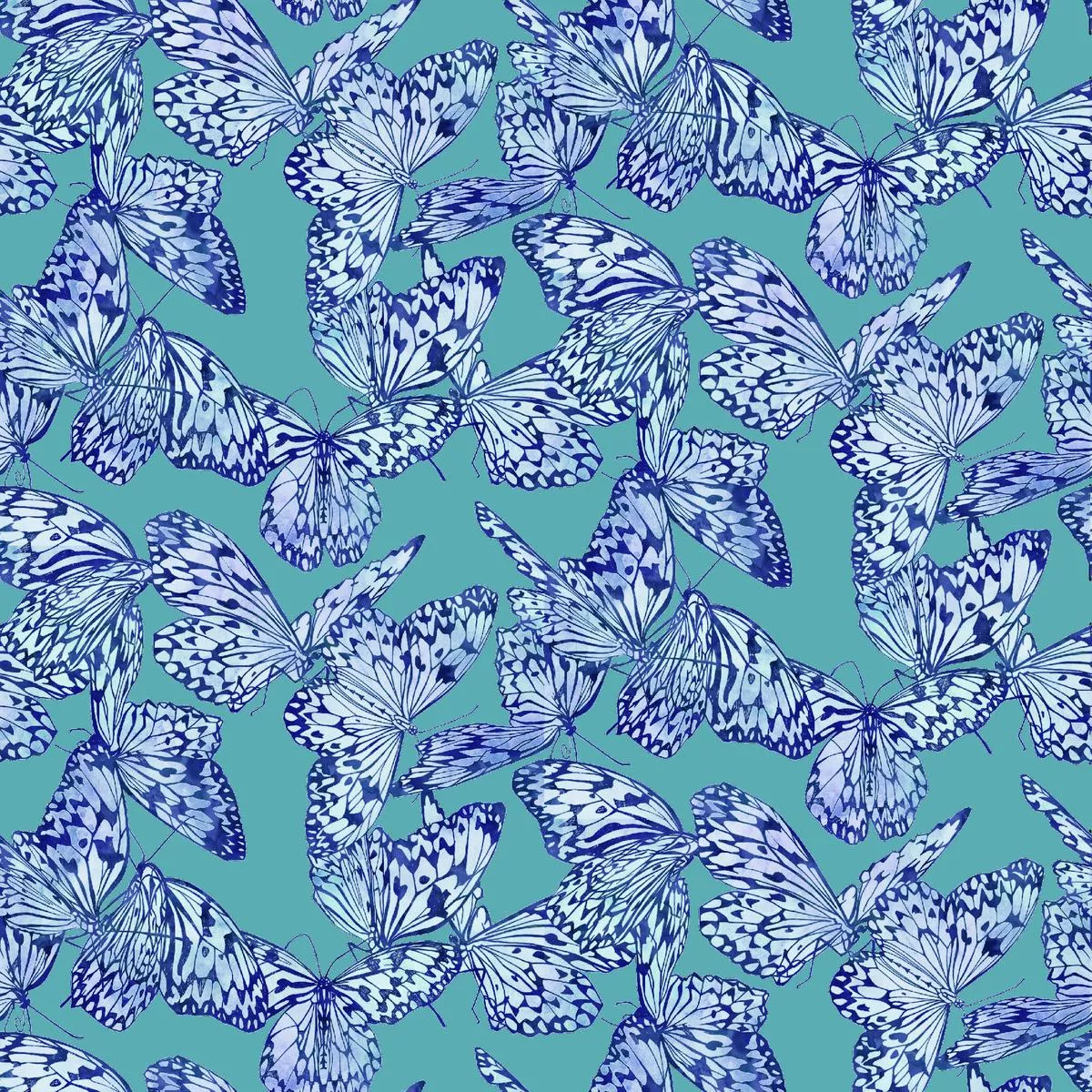 Kate Ward Thacker – Blue Butterflies on Teal Pattern Fabric