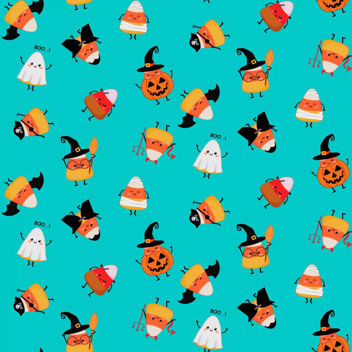 kate-ward-thacker-cute-halloween-characters-on-aqua-fabric Kate Ward Thacker Cute Halloween Characters on Aqua Fabric
