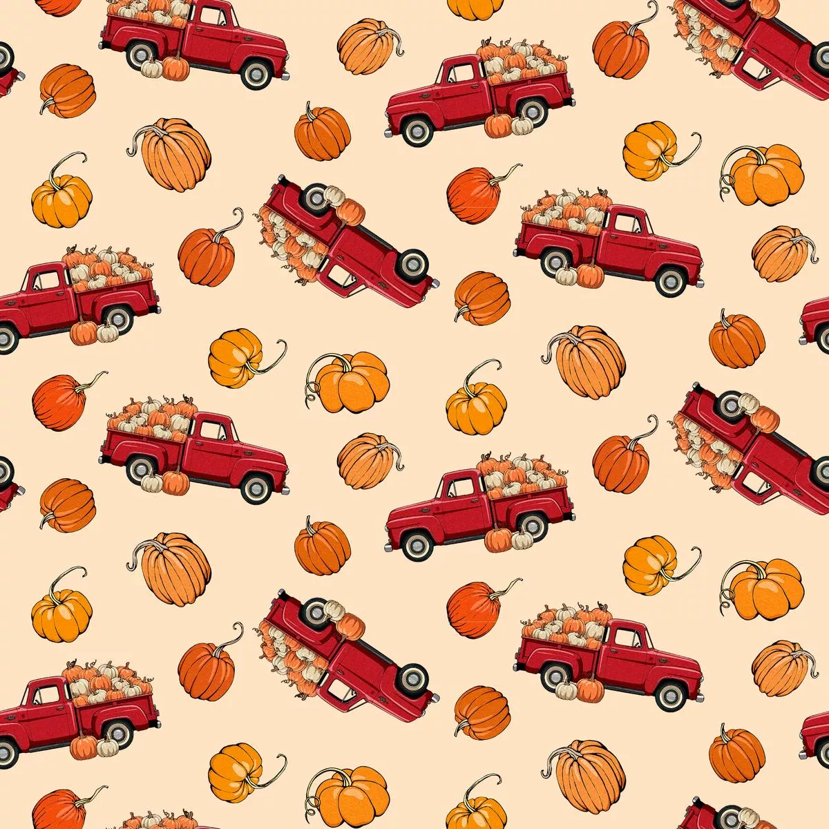 Kate Ward Thacker Fall Pumpkin Red Truck on Ivory Fabric