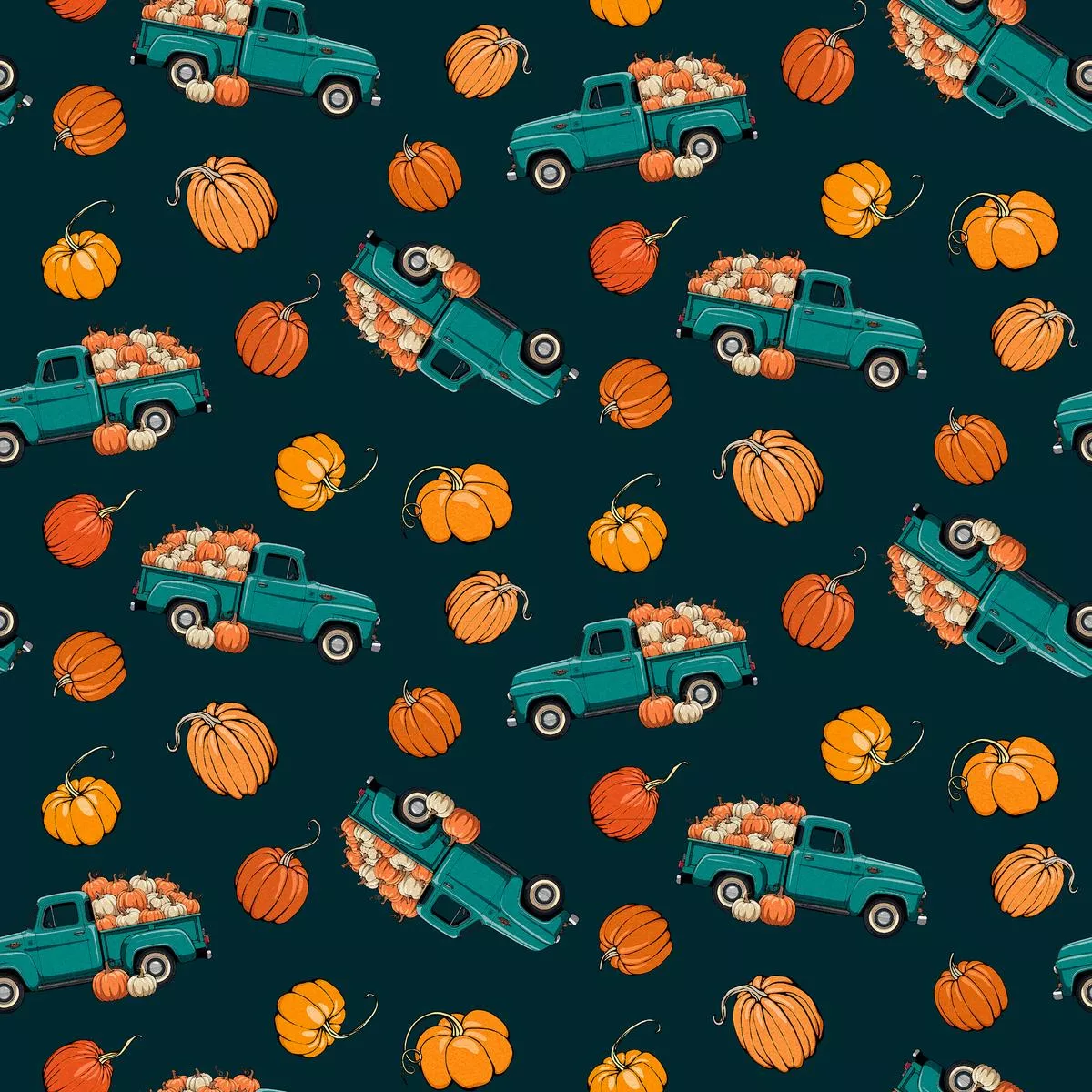 Kate Ward Thacker Fall Pumpkin Truck on Navy Fabric