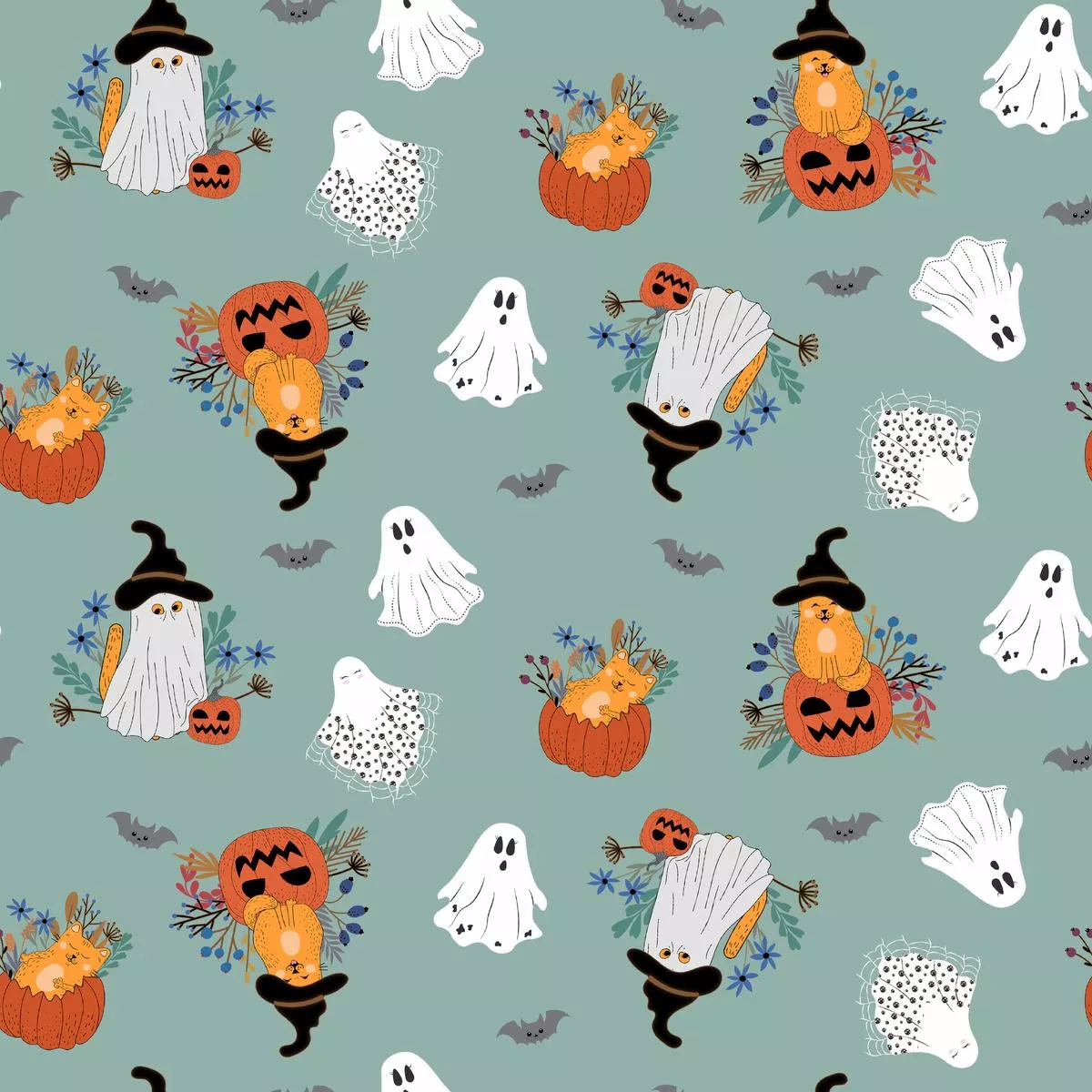 kate-ward-thacker-ghosts-pumpkins-green-fabric Kate Ward Thacker – Ghosts & Pumpkins – Green Fabric