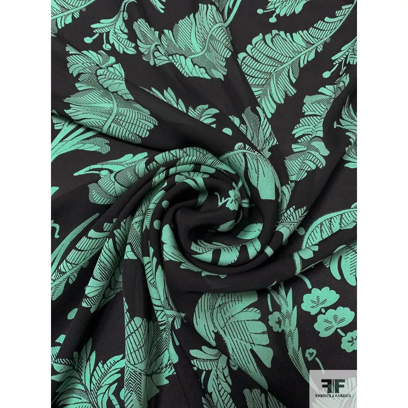Leaf Printed Silk Georgette – Sage / Black