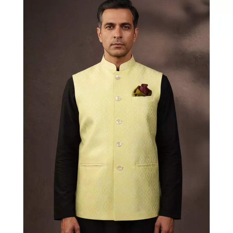 Lemon Yellow Tanchoi Poly Silk Mens Modi Jacket