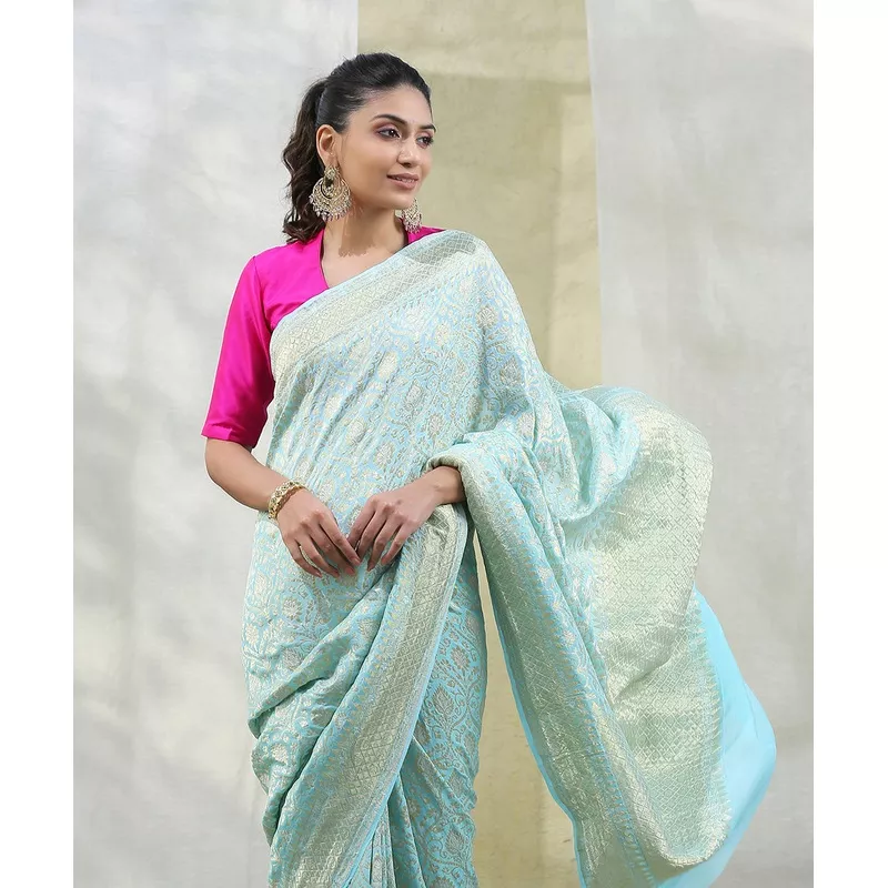 Light Blue Handloom Georgette Banarasi Saree with Cutwork Technique