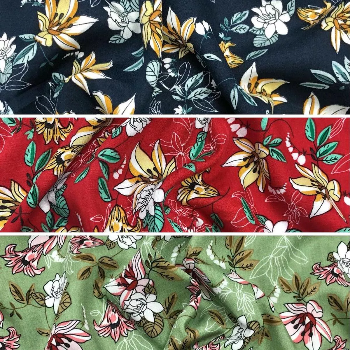 lilies-delicate-leaves-viscose-challis-fabric Lilies and Delicate Leaves Viscose Challis Fabric