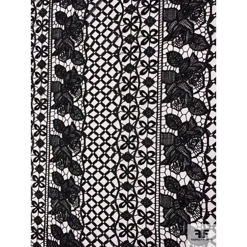 Linear Design Floral Geometric Guipure Lace – Black