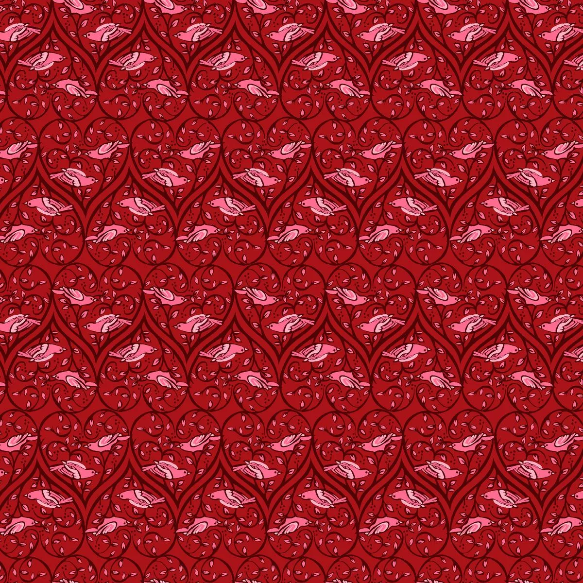 lovebirds-on-crimson-fabric Lovebirds on Crimson Fabric