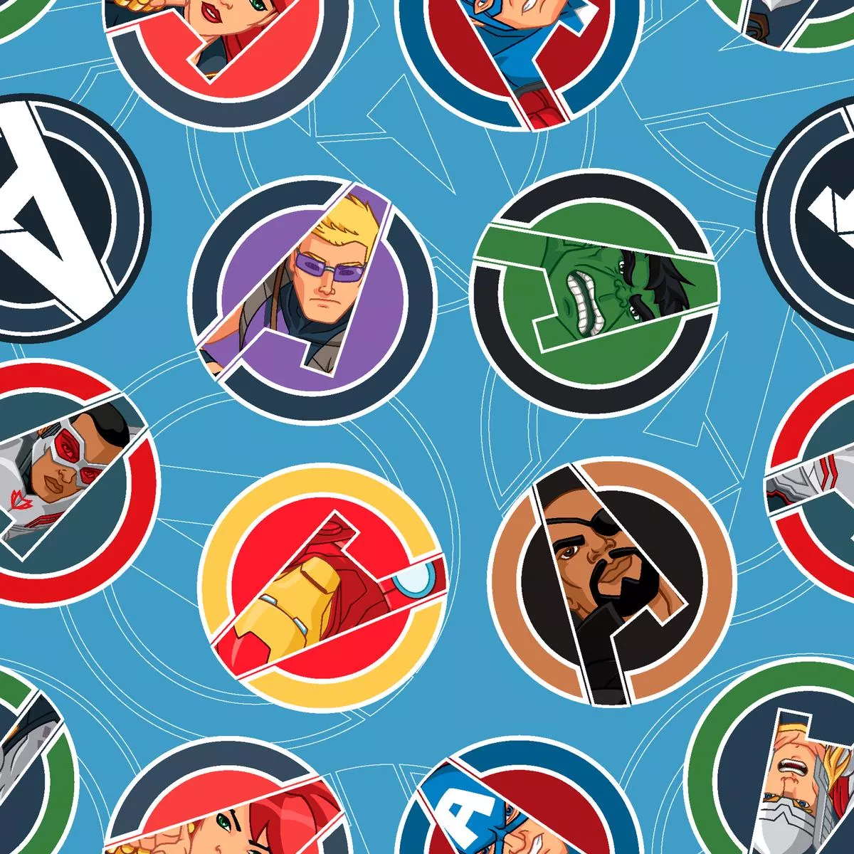 marvel-avengers-badges-on-blue-fabric Marvel Avengers Badges on Blue Fabric
