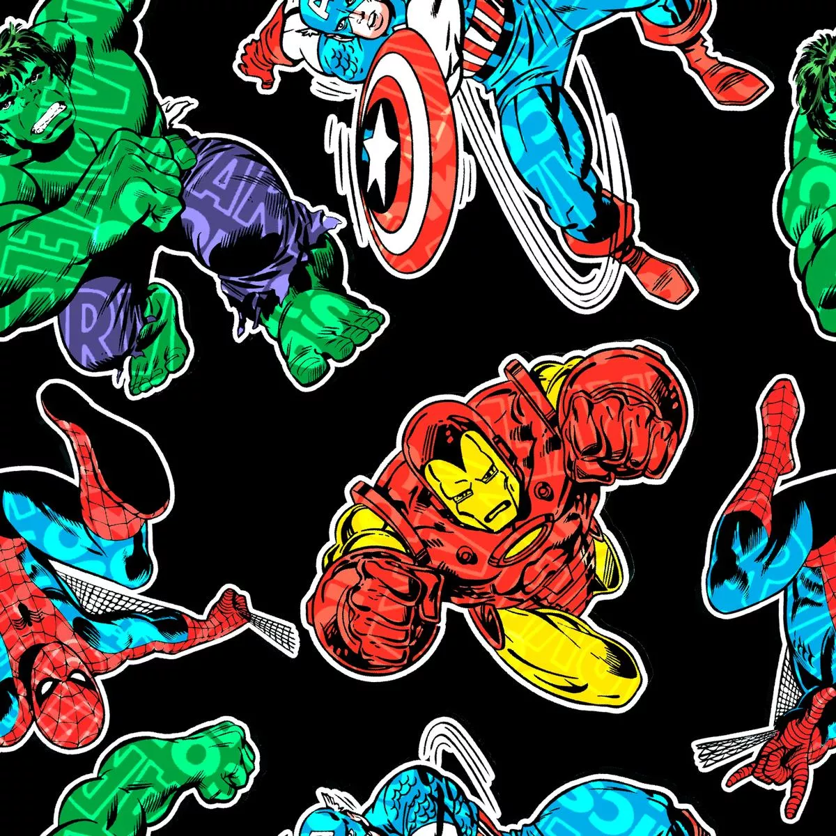 marvel-retro-heroes-comic-pop-art-on-black-fabric Marvel Retro Heroes Comic Pop Art on Black Fabric