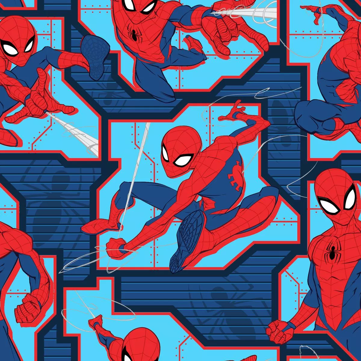 Marvel Spider-Man Comic Geometrics on Blue Fabric