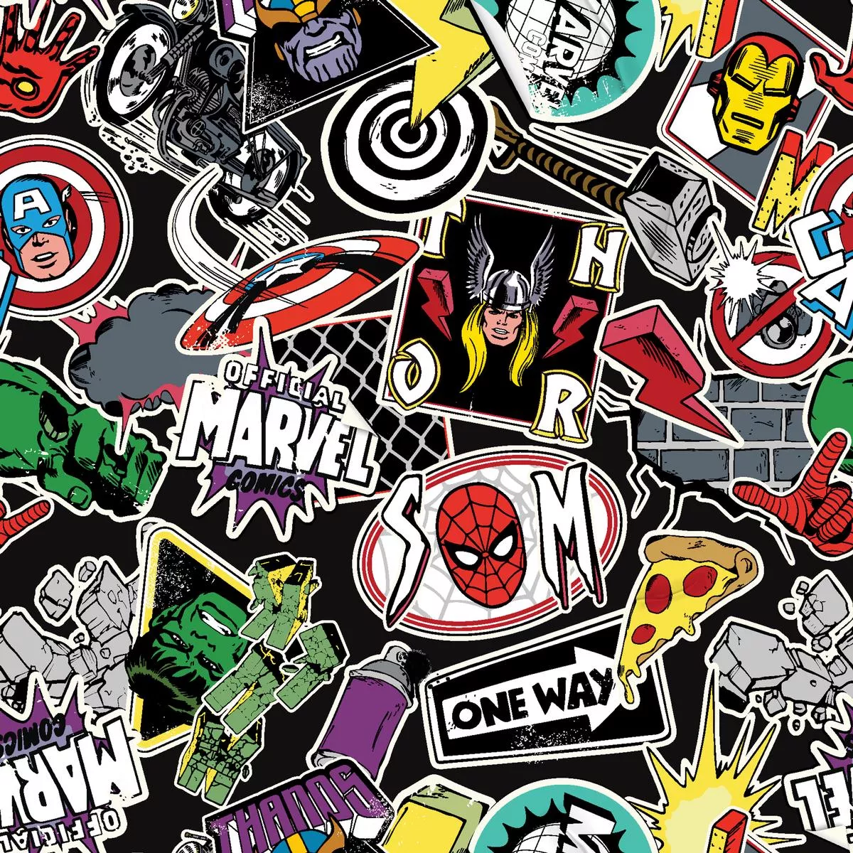 marvel-super-hero-sticker-collage-fabric Marvel Super Hero Sticker Collage Fabric