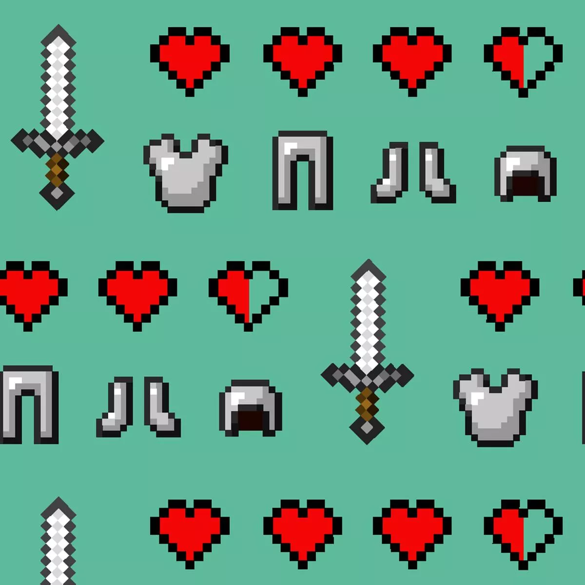 Minecraft Pixel Art Icons on Green Fabric