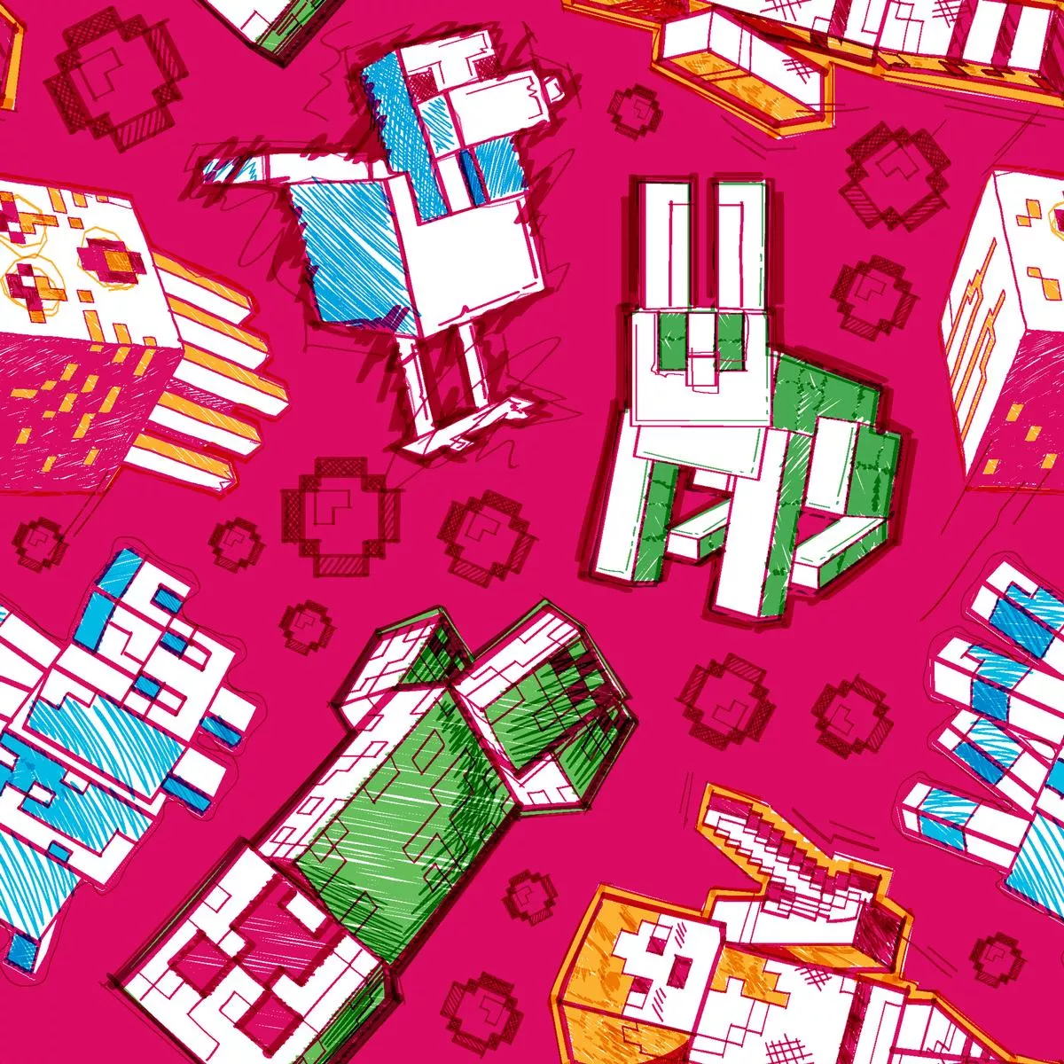 minecraft-pixelated-animals-on-magenta-fabric Minecraft Pixelated Animals on Magenta Fabric