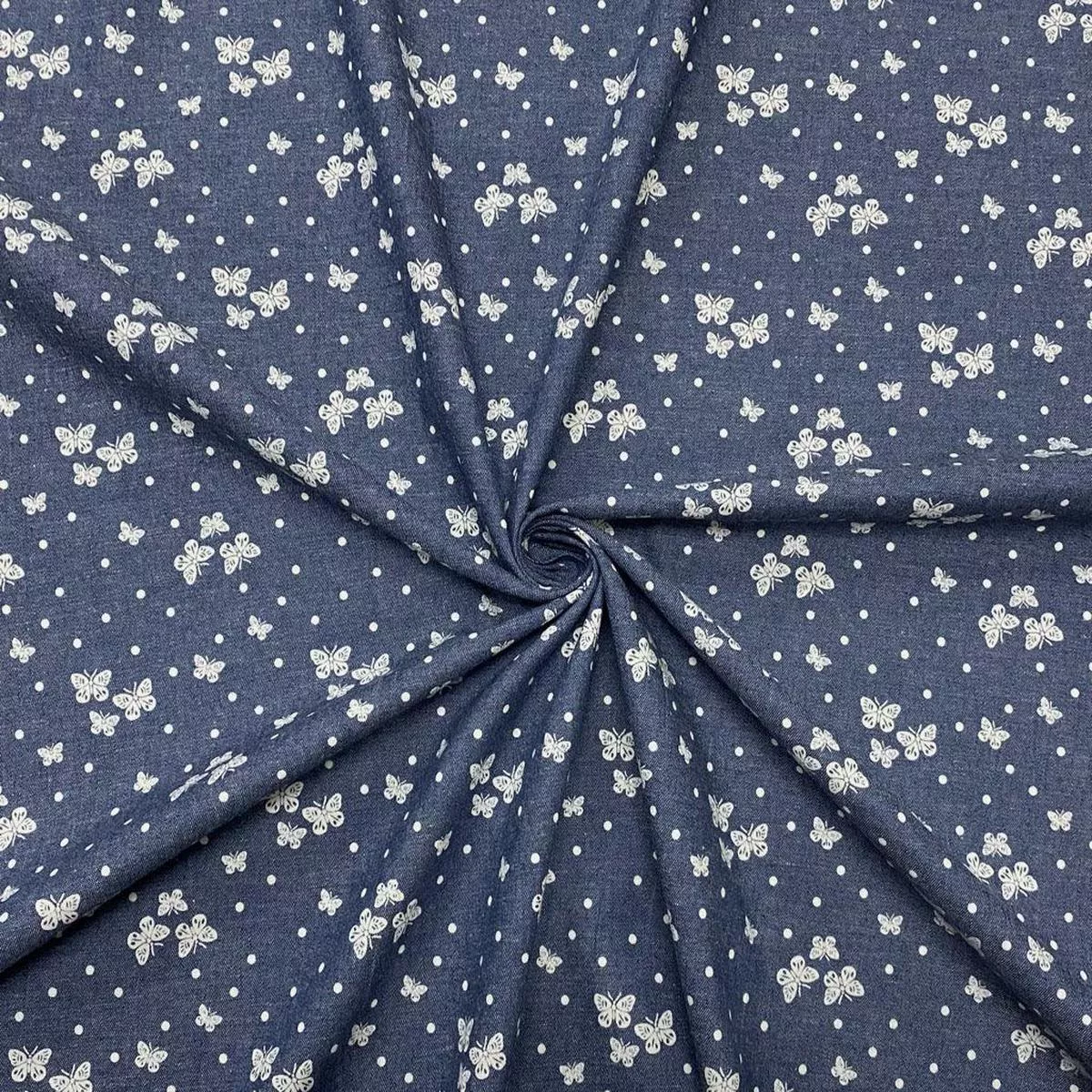 mini-butterflies-dots-chambray-denim-fabric Mini Butterflies and Dots Chambray Denim Fabric