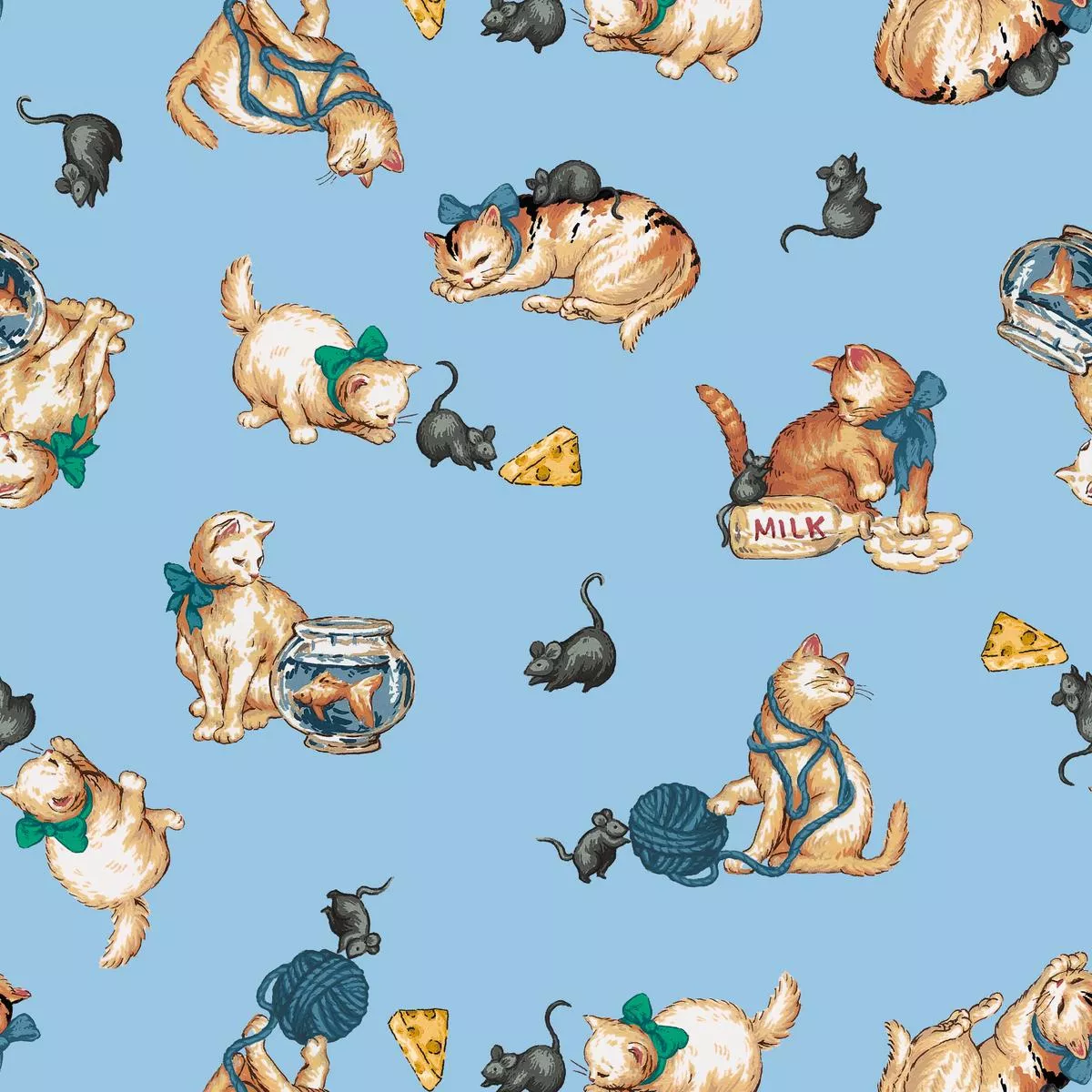 mischievous-kitty-on-blue-fabric Mischievous Kitty on Blue Fabric