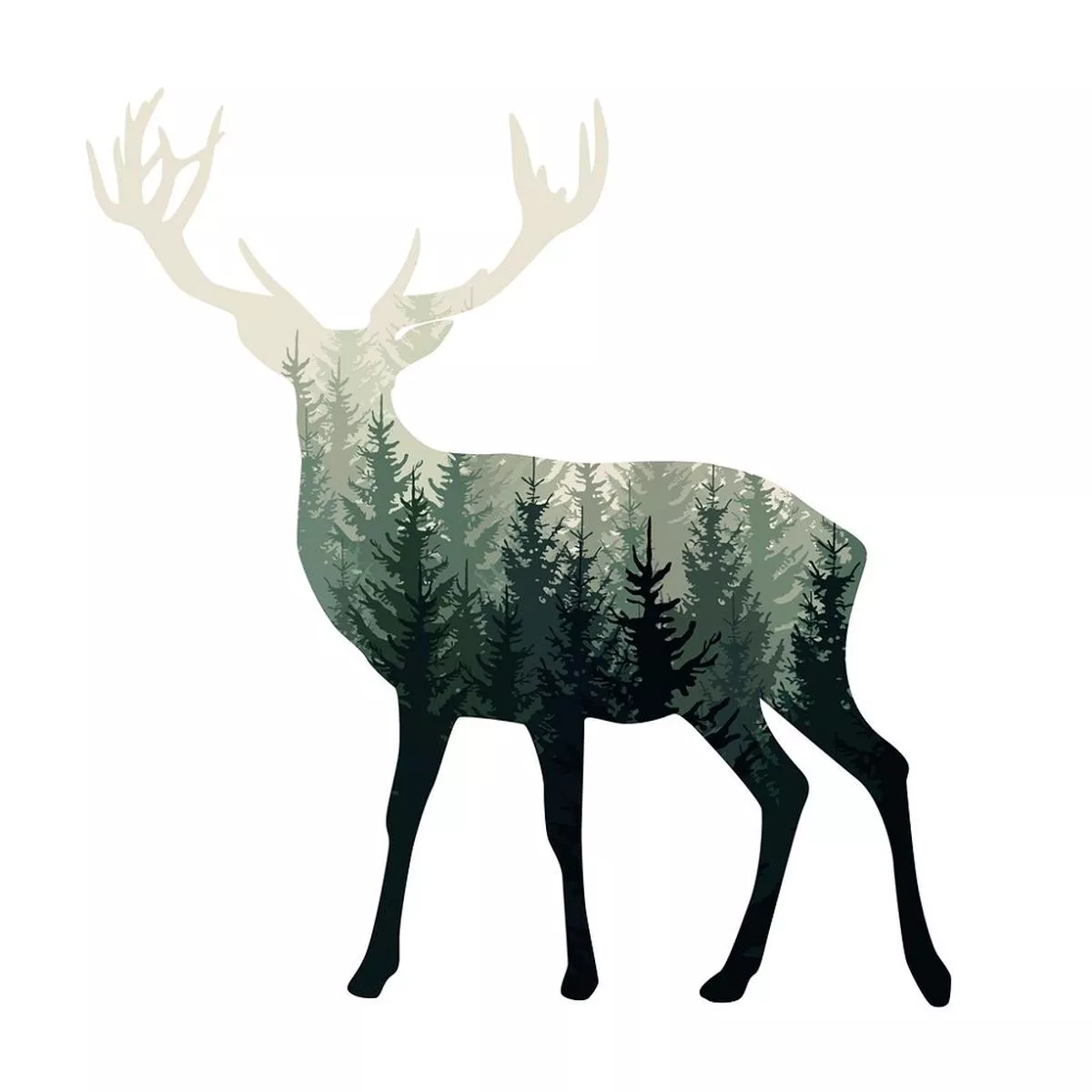 misty-forest-deer-silhouette-fabric-panel-multi Misty Forest Deer Silhouette Fabric Panel – Multi