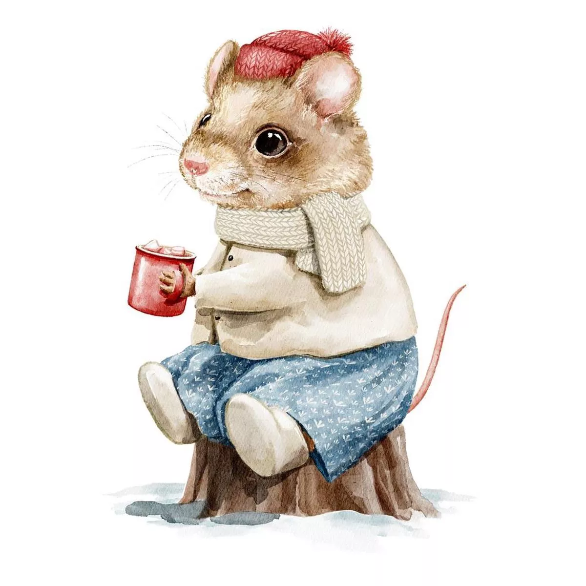 Mouse in Hat Sipping Hot Cocoa Fabric Panel