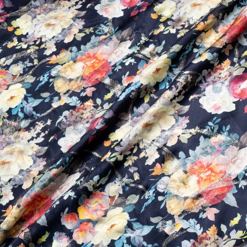 multi-floral-printed-blue-silk-jacquard Multi Floral Printed Blue Silk Jacquard