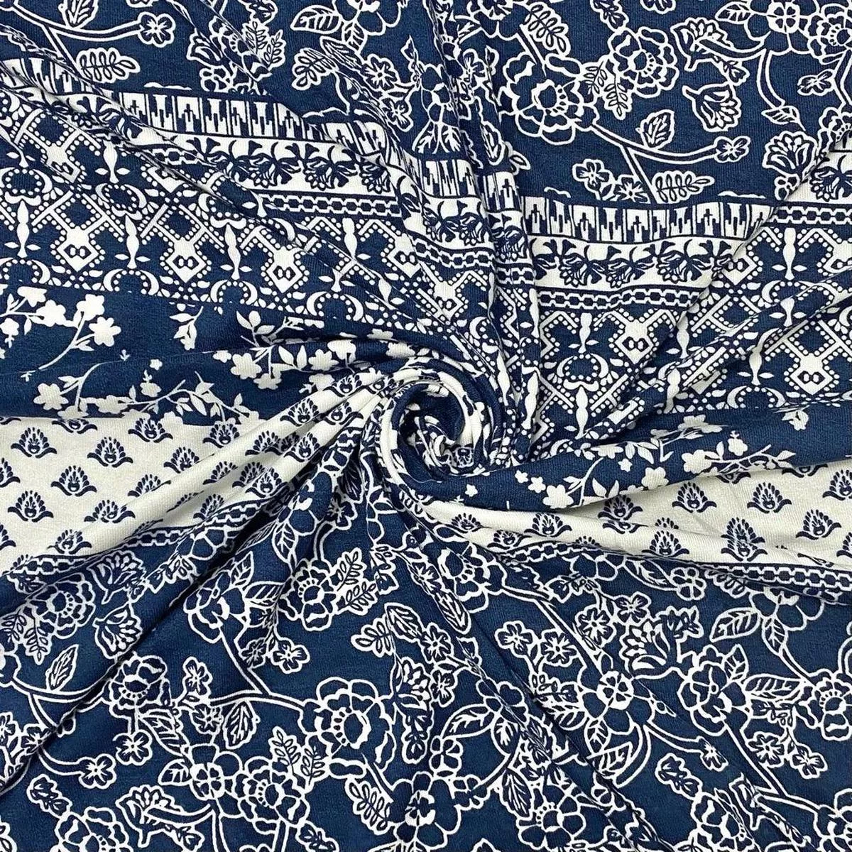 Navy and White Patterns Viscose Jersey Fabric