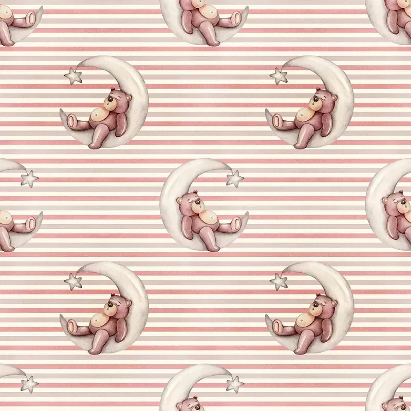 Nursery Bear Sleeping Moon on Stripes Fabric