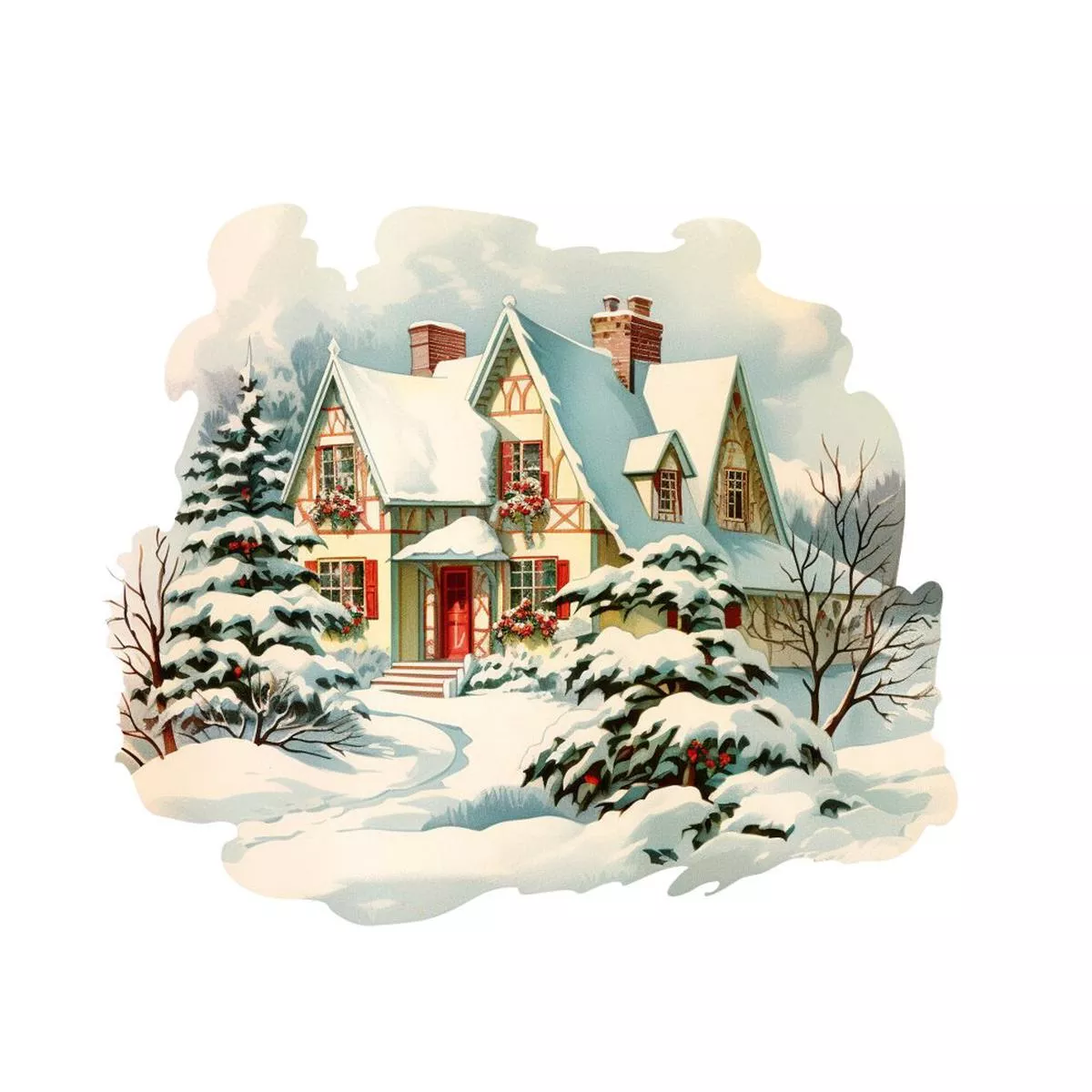 old-school-christmas-farm-house-4-fabric-panel Old School Christmas Farm House #4 Fabric Panel