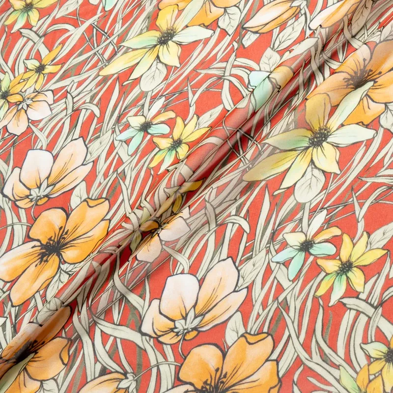 orange-yellow-floral-printed-red-silk-chiffon Orange & Yellow Floral Printed Red Silk Chiffon