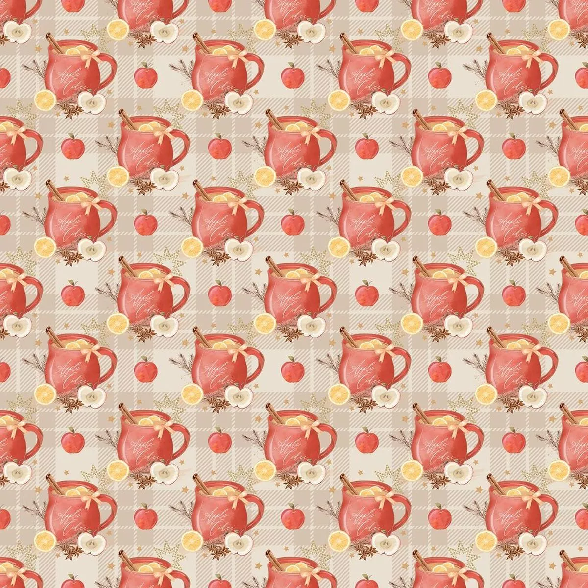 Packed Apple Cider on Tartan Plaid Fabric – Beige