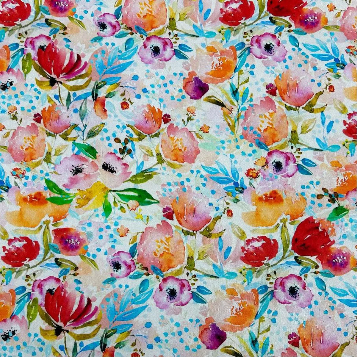 painted-flowers-on-white-viscose-twill-fabric Painted Flowers on White Viscose Twill Fabric