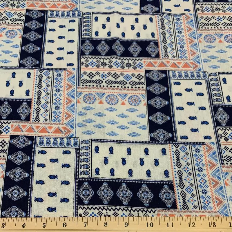 Patchwork Look Rayon Crepon Fabric – Blues and Peaches