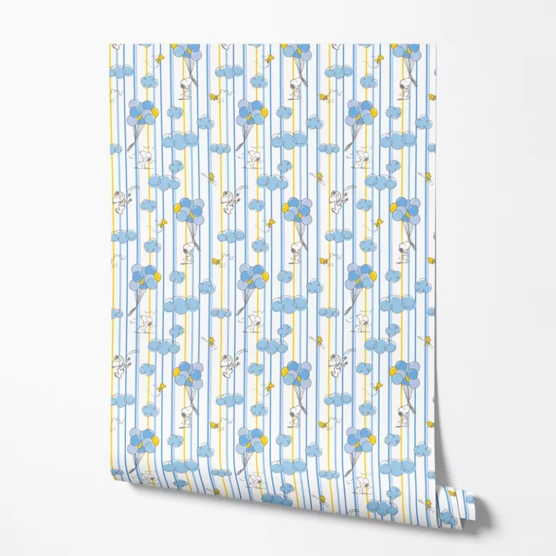 Peanuts Balloon Adventures on Blue Stripes Wallpaper