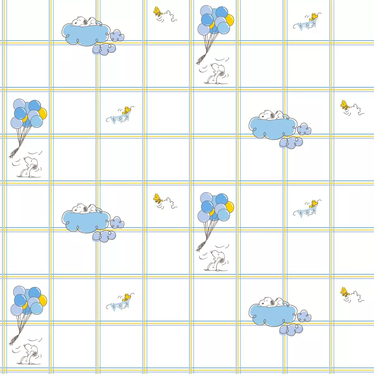 Peanuts Blue Balloon and Clouds Grid Toss Fabric