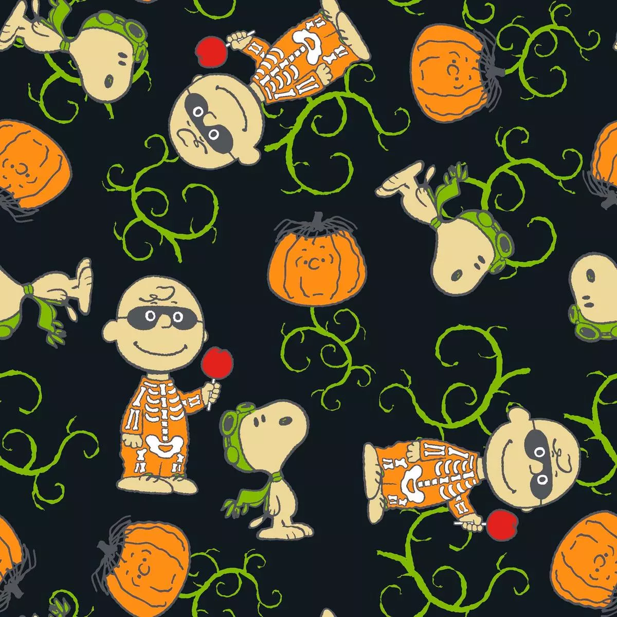 Peanuts Halloween Festive Characters on Black Fabric