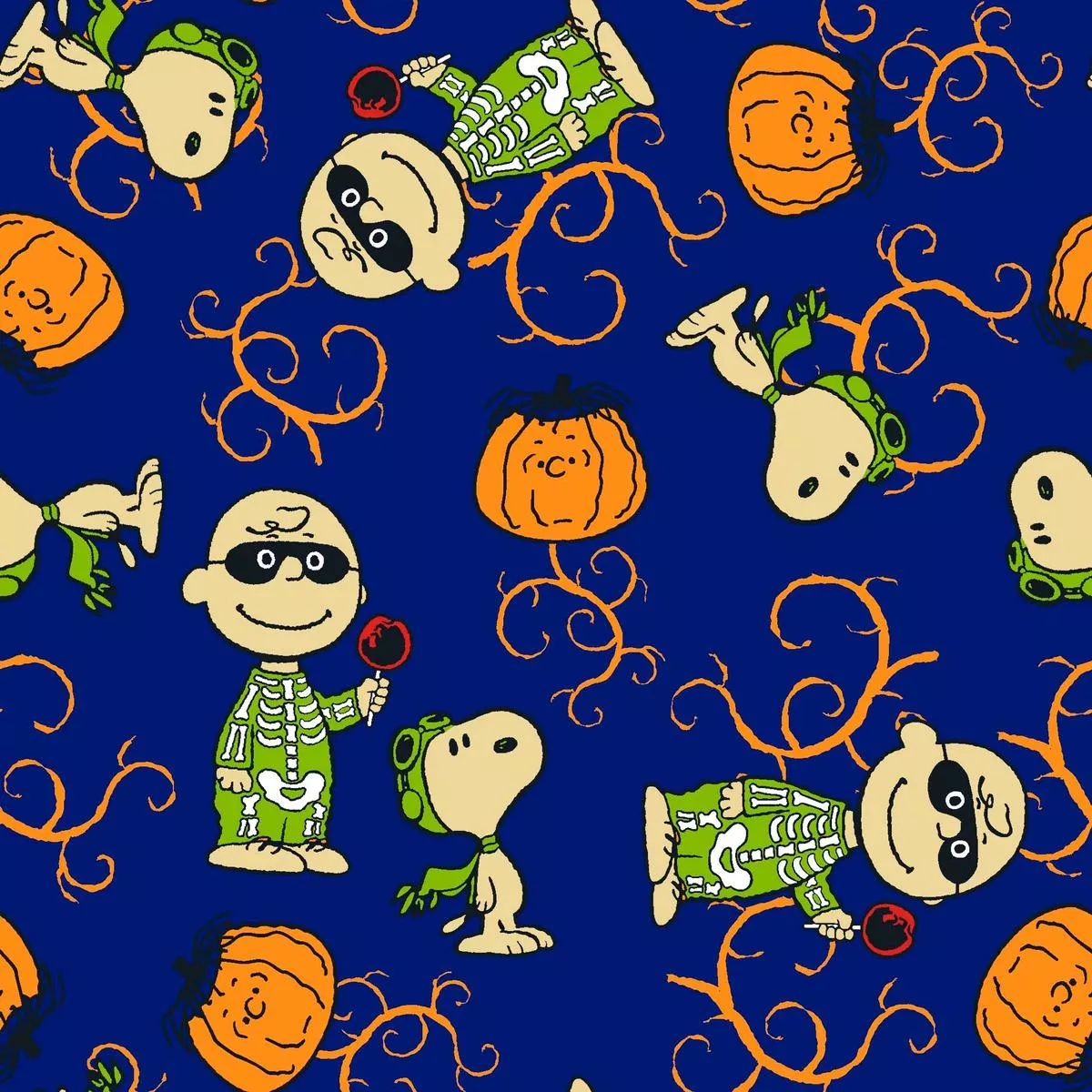 Peanuts Halloween Festive Characters on Blue Fabric