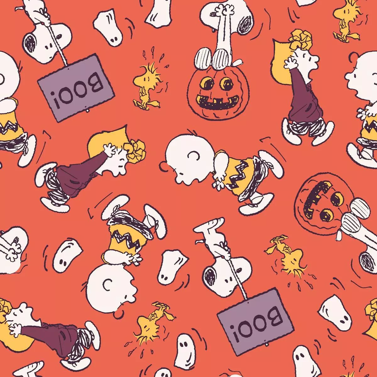 peanuts-halloween-ghost-scares-on-orange-fabric Peanuts Halloween Ghost Scares on Orange Fabric