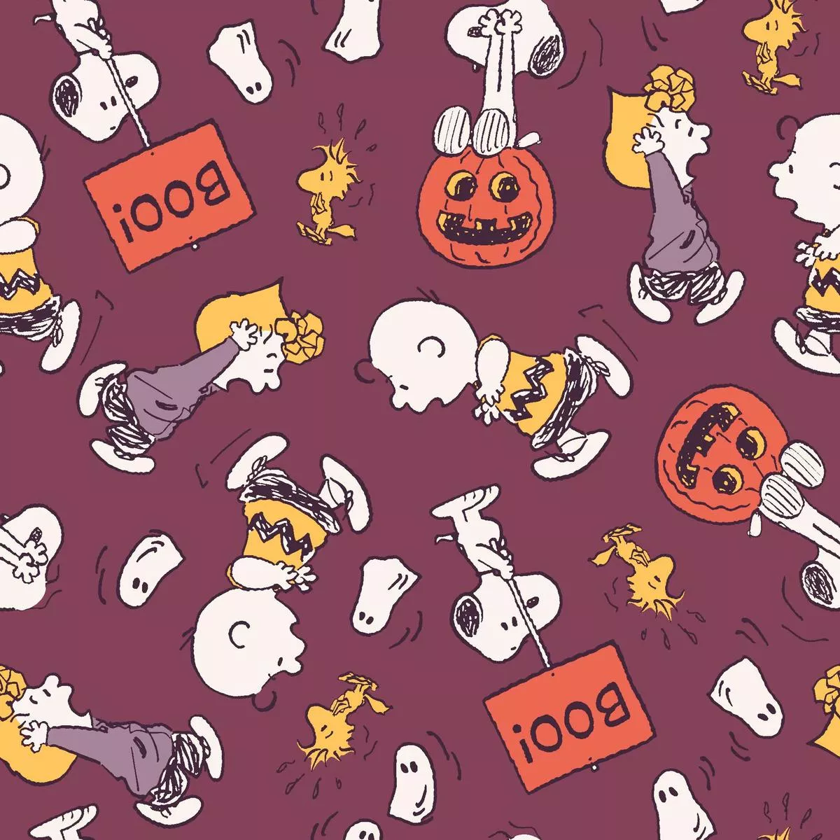 Peanuts Halloween Ghost Scares on Purple Fabric