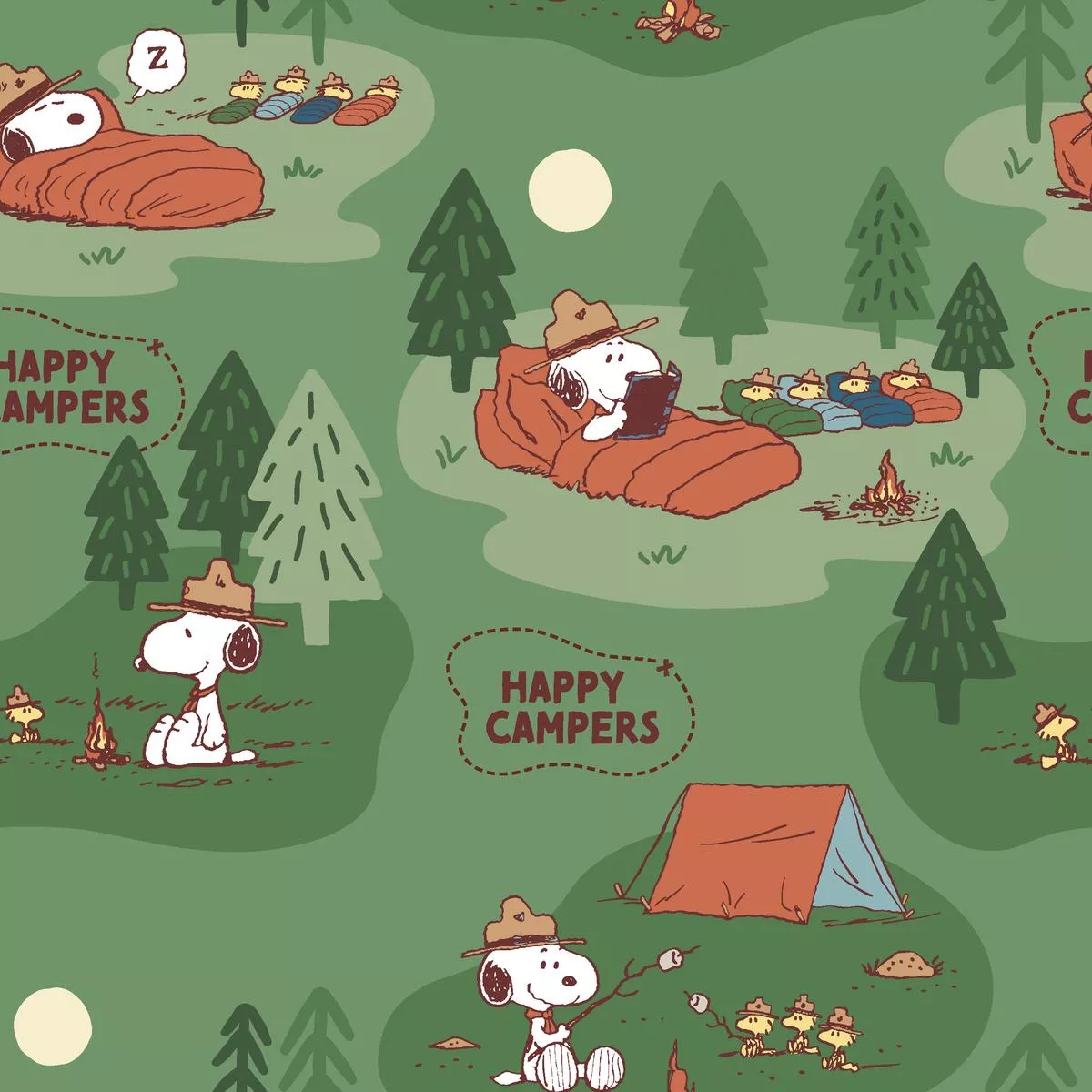 Peanuts Snoopy Camping Adventure on Green Fabric