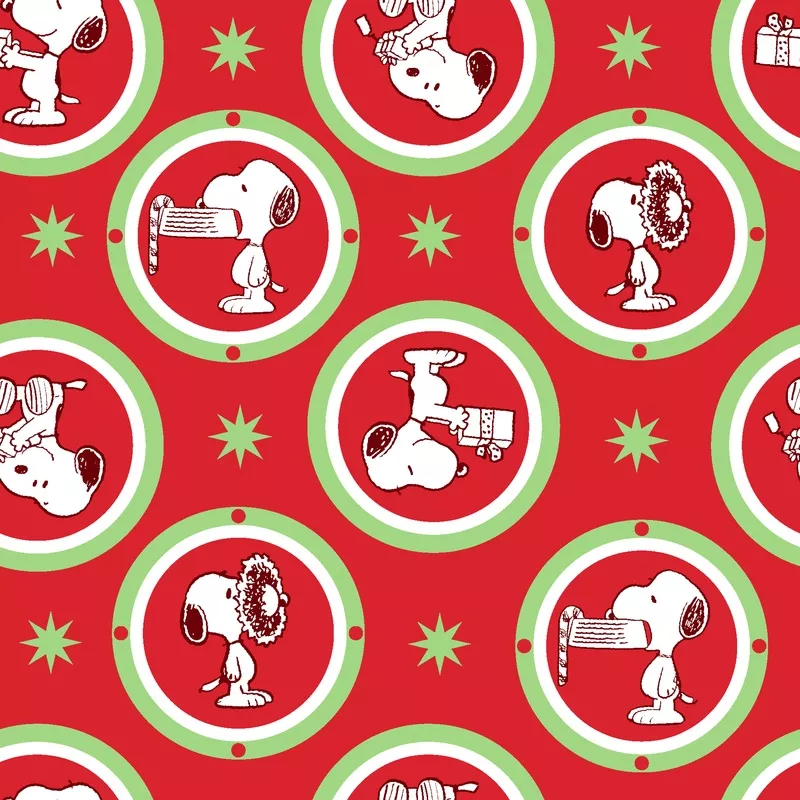 Peanuts Snoopy Christmas Badges on Red Fabric