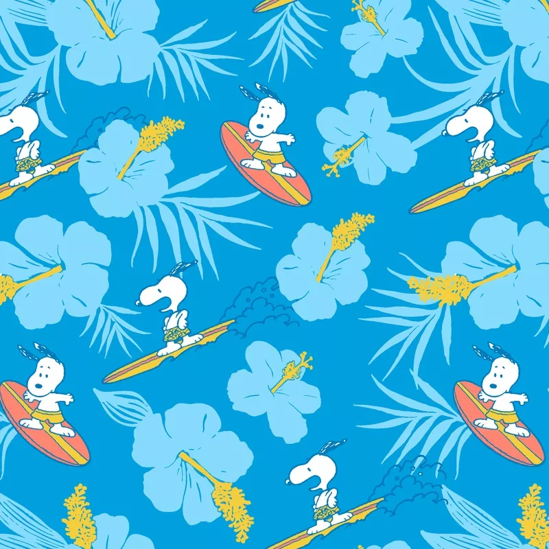 peanuts-snoopy-surfing-on-blue-floral-fabric Peanuts Snoopy Surfing on Blue Floral Fabric