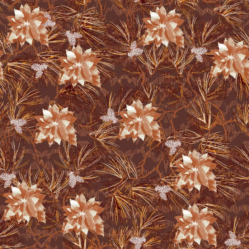 Pine & Poinsettias on Brown Fabric