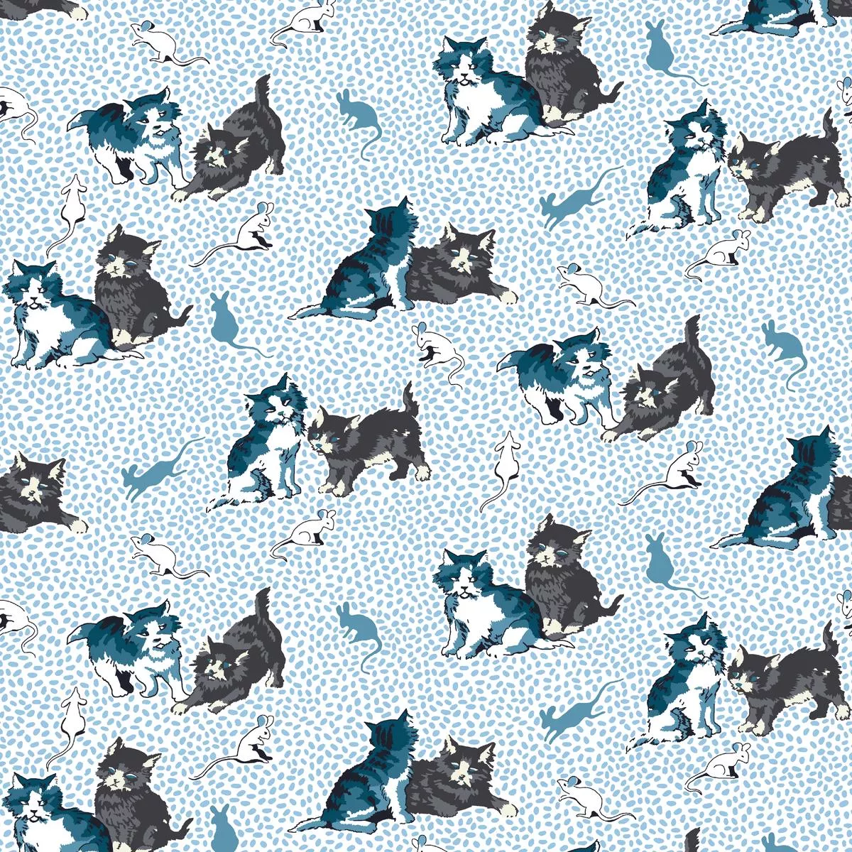 Playful Cats on Blue Fabric