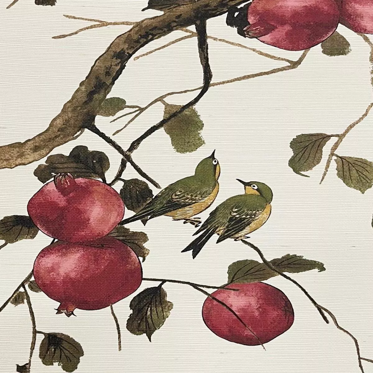 pomegranate-birds-flax-linen-fabric-by-nathan-turner-natural ‘Pomegranate Birds’ Flax Linen Fabric by Nathan Turner – Natural