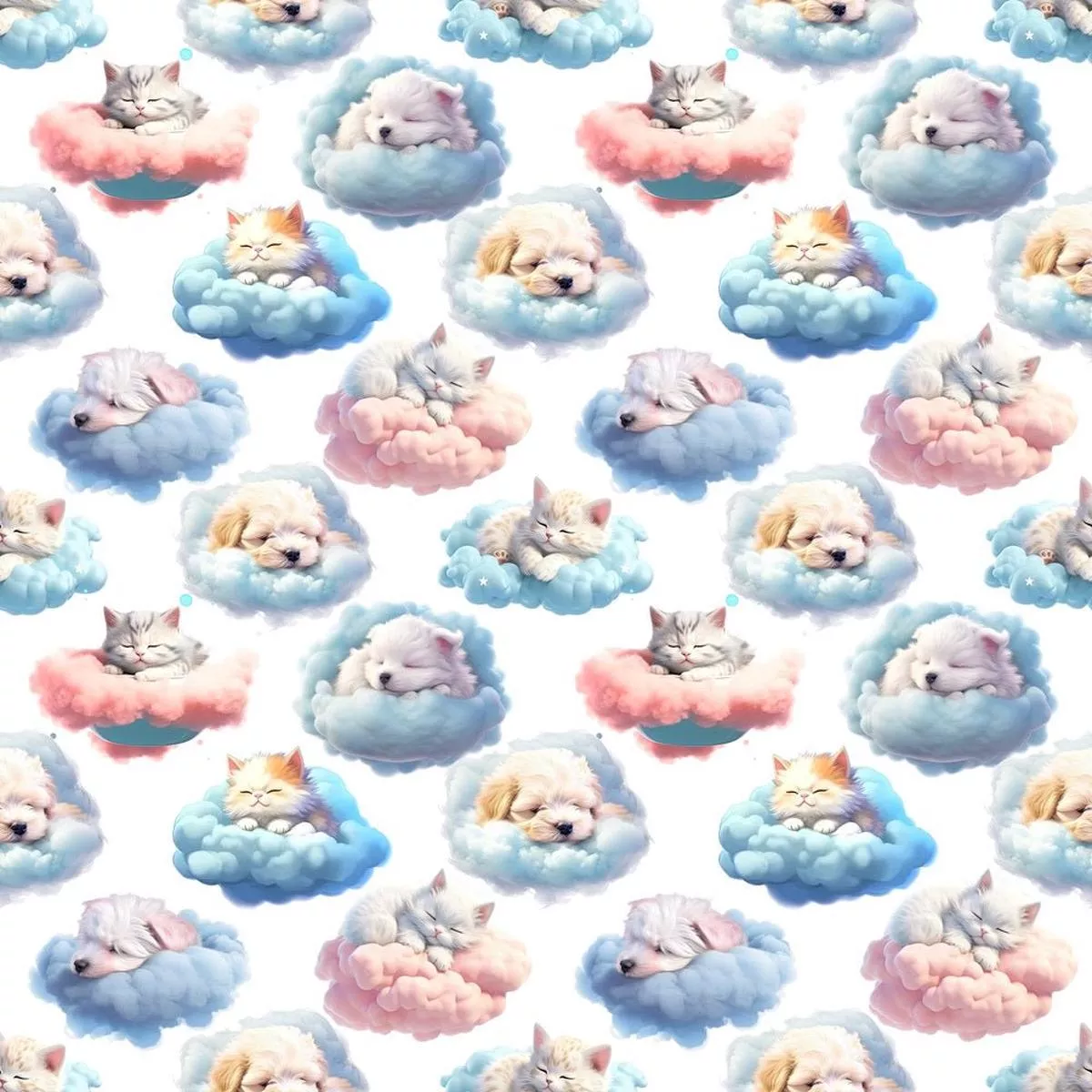 puppies-kittens-sleeping-on-clouds-fabric Puppies & Kittens Sleeping On Clouds Fabric