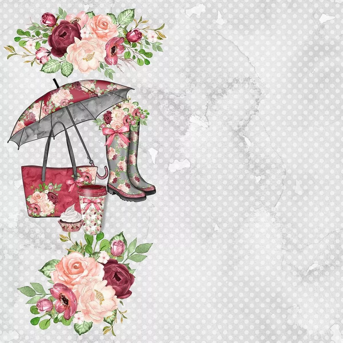 rain-romance-elements-on-dots-fabric-gray Rain Romance Elements on Dots Fabric – Gray