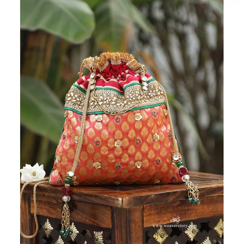 red-brocade-potli-with-embroidery-work Red Brocade Potli With Embroidery Work