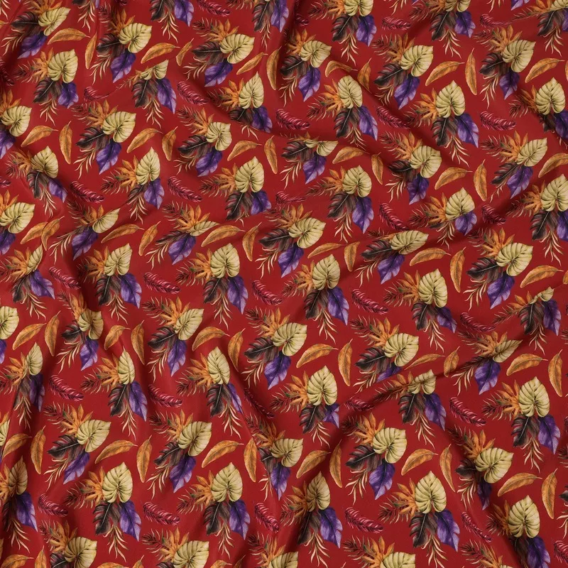 Red Viscose Fabric with Multicolor Leaf Digital Print, 110 cm Width-D20640