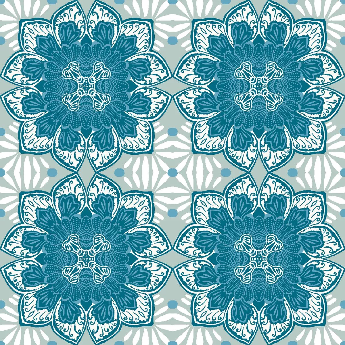 Retro Floral Tile on Blue & Gray Fabric