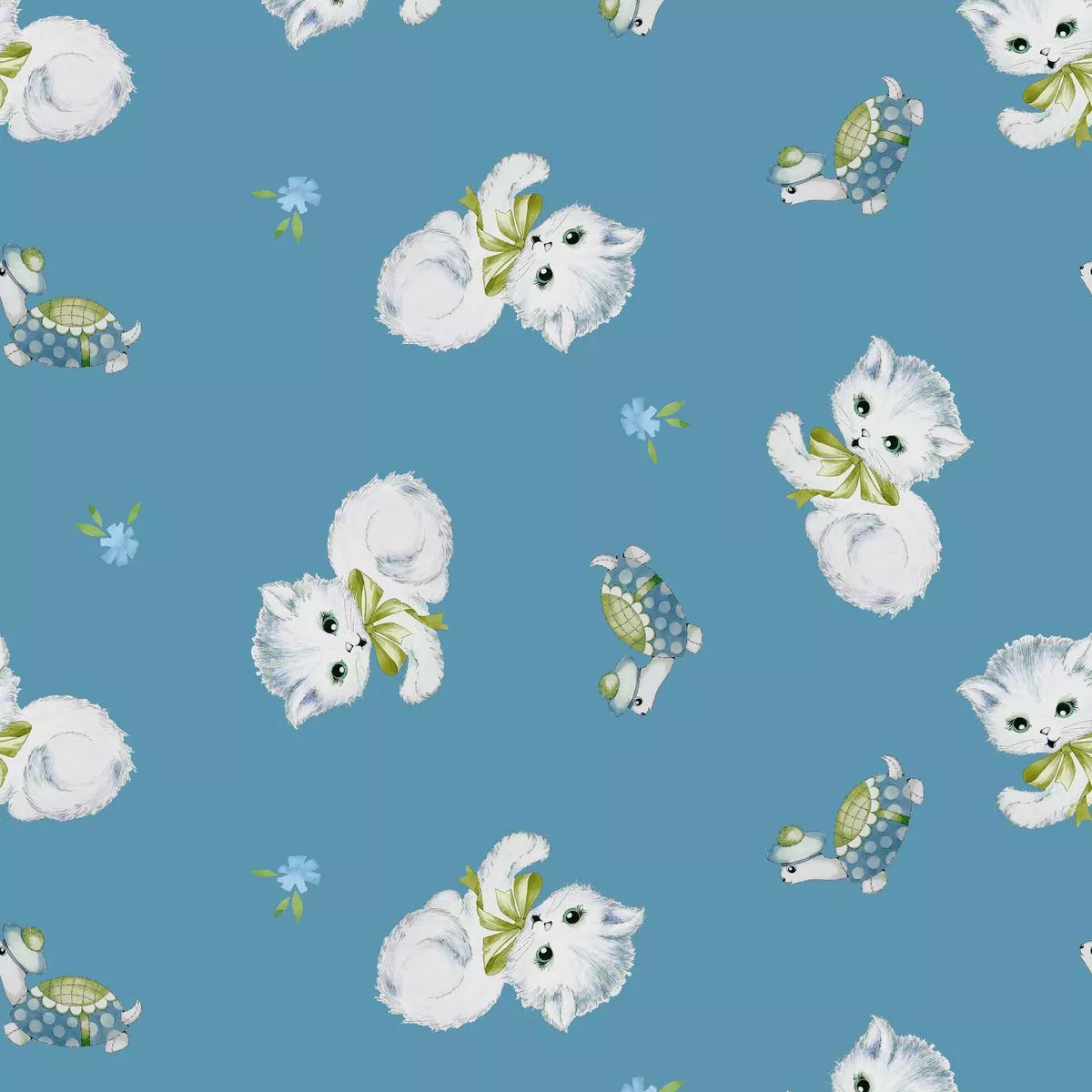 Retro Kittens on Blue Fabric